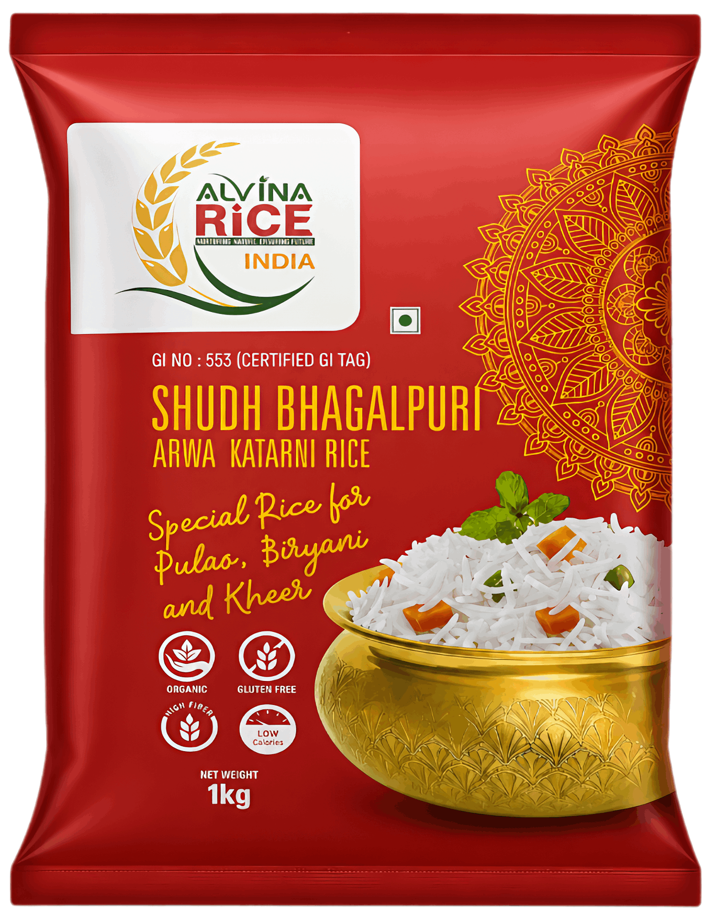 Front of an Alvina Shudh Bhagalpuri Arwa Katarni Rice packet